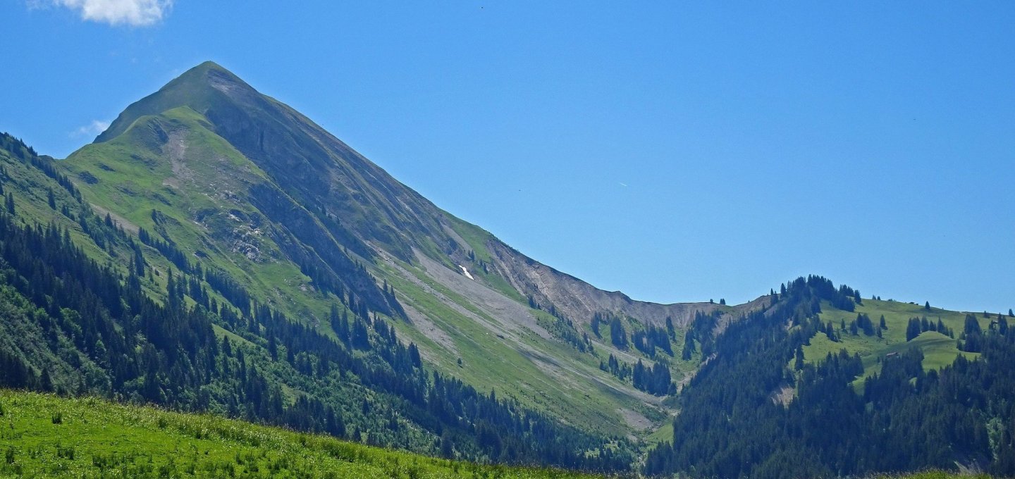 Augstmatthorn über dem Grün der Mirrenegg. © Fabian Lippuner - <a href='https://www.sac-cas.ch/de/huetten-und-touren/sac-tourenportal/106/ski_tour' target='_blank' rel='noopener'>SAC</a>